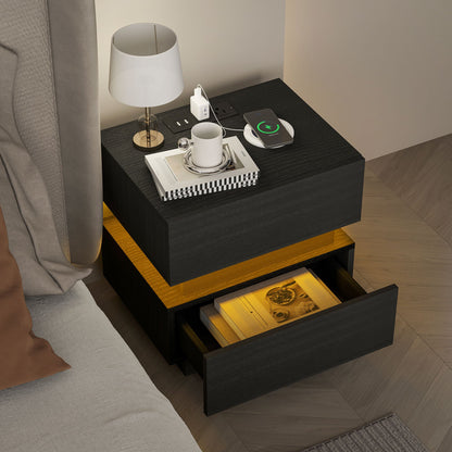 Emma Bedside Table with Charging Station, USB Ports and LED Light-Black