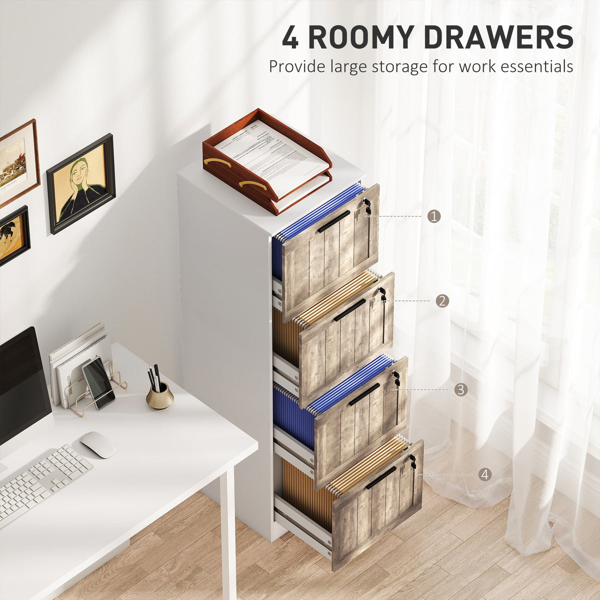 3 Drawer Filing Cabinet, Farmhouse File Cabinet with Lock, Adjustable Hanging Rails for A4 Letter Size Files, White
