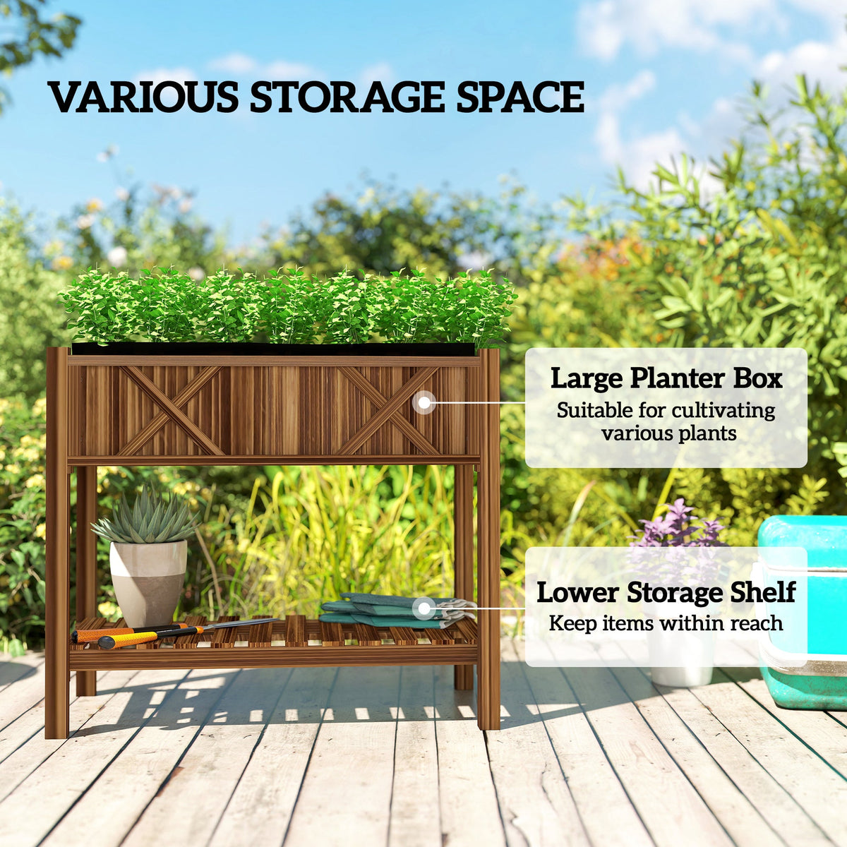 Wooden Raised Garden Bed, Elevated Planter Box with Storage Shelf, Drainage Holes and Liner, 34" x 18" x 30", Black