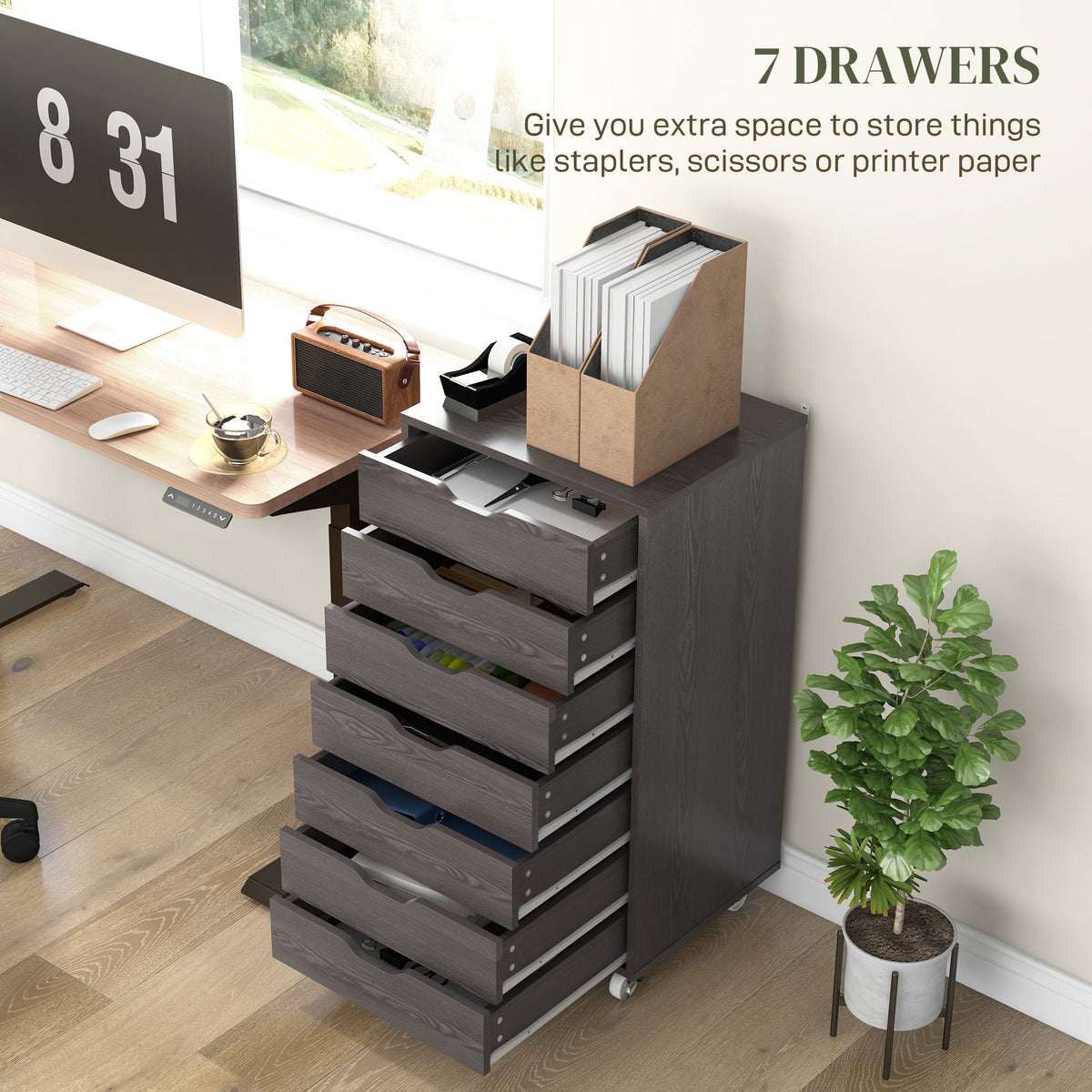 7-drawer Vertical File Cabinet for Home Office, Storage Cabinet with Wheels, 18.7"x15.6"x35.4", Black