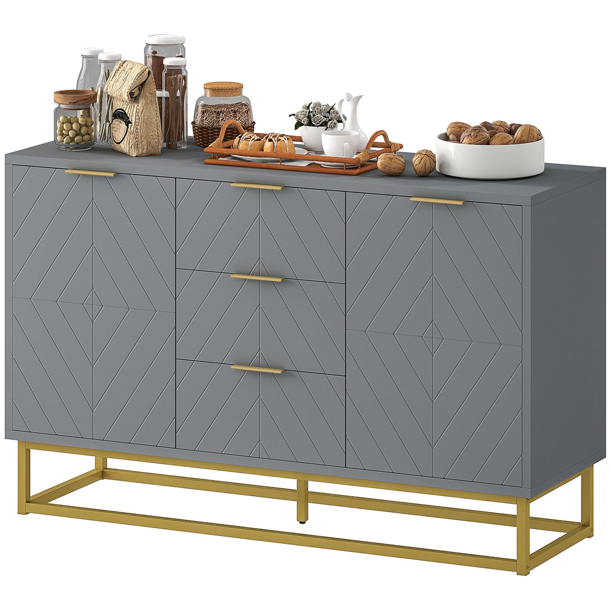 47" Storage Cabinet with Doors, Adjustable Shelves, 3 Drawers, Metal Legs for Kitchen Storage, Home Use, White