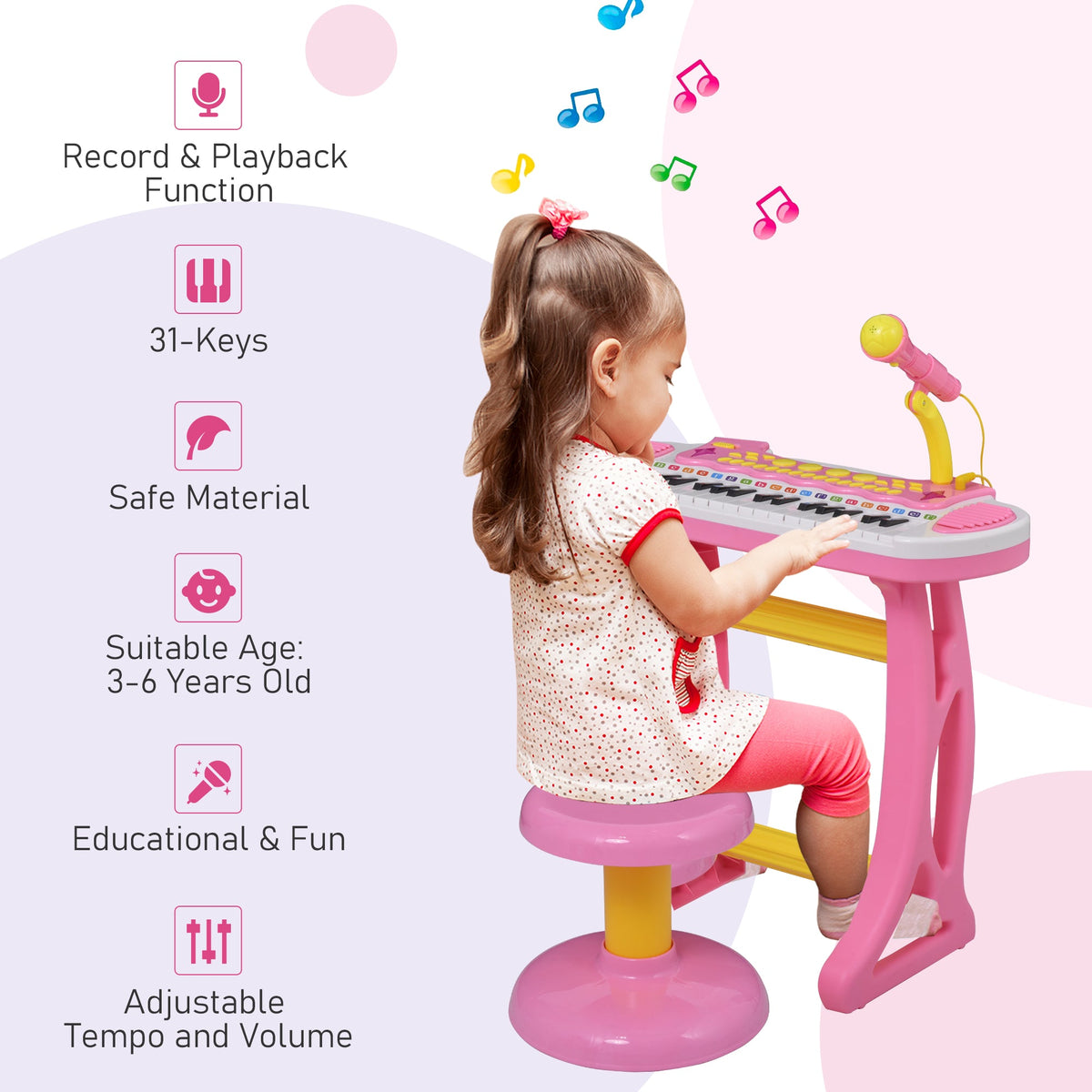 Kids Toddler Toy Piano Keyboard with Included Sitting Stool, Working Microphone, A Fun Bright Flashlight, Pink