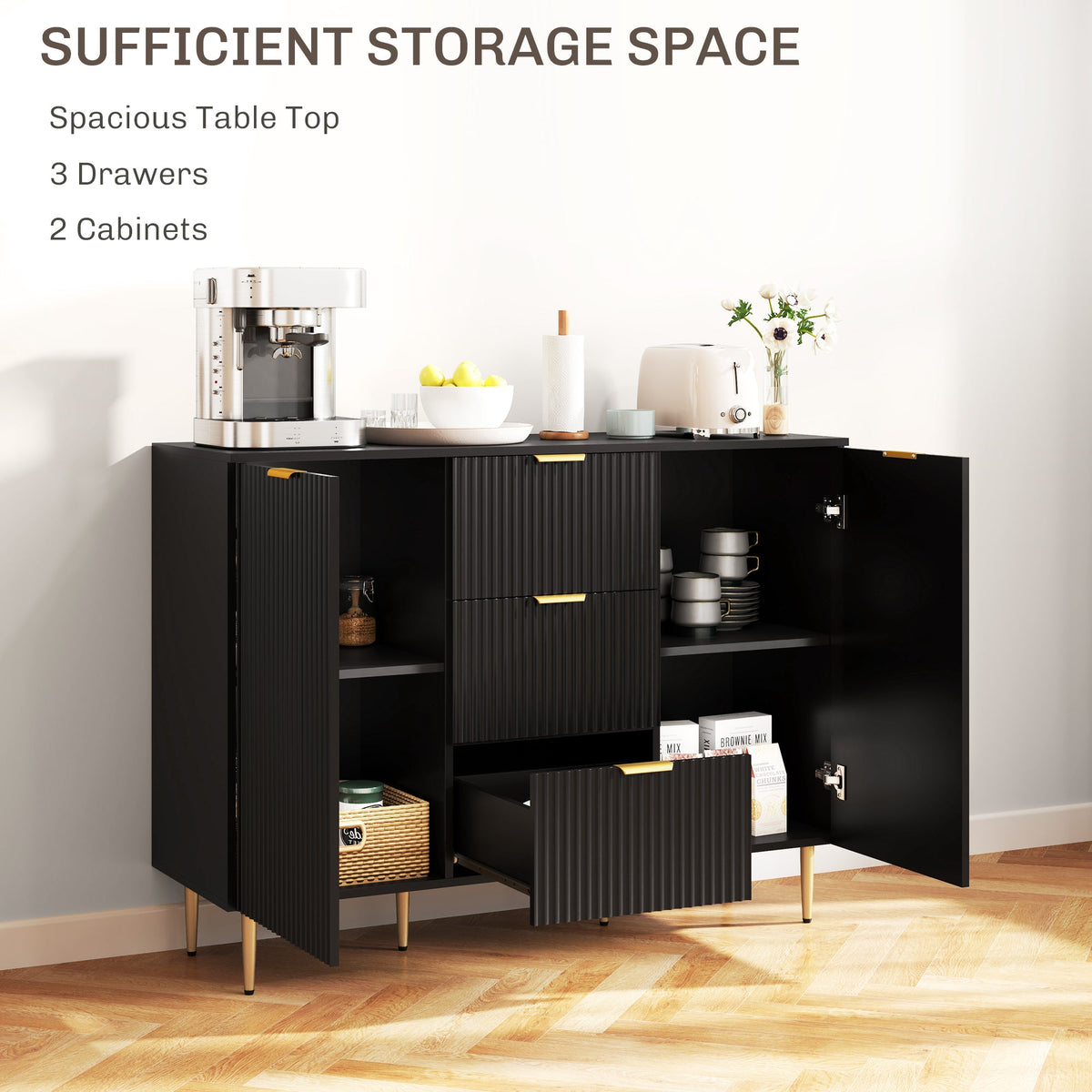 Ellis Modern Kitchen Buffet/Hallway Cabinet with 3 Drawers-Black