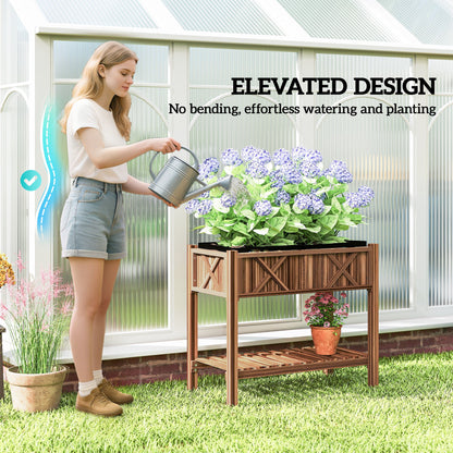 Wooden Raised Garden Bed, Elevated Planter Box with Storage Shelf, Drainage Holes and Liner, 34" x 18" x 30", Black