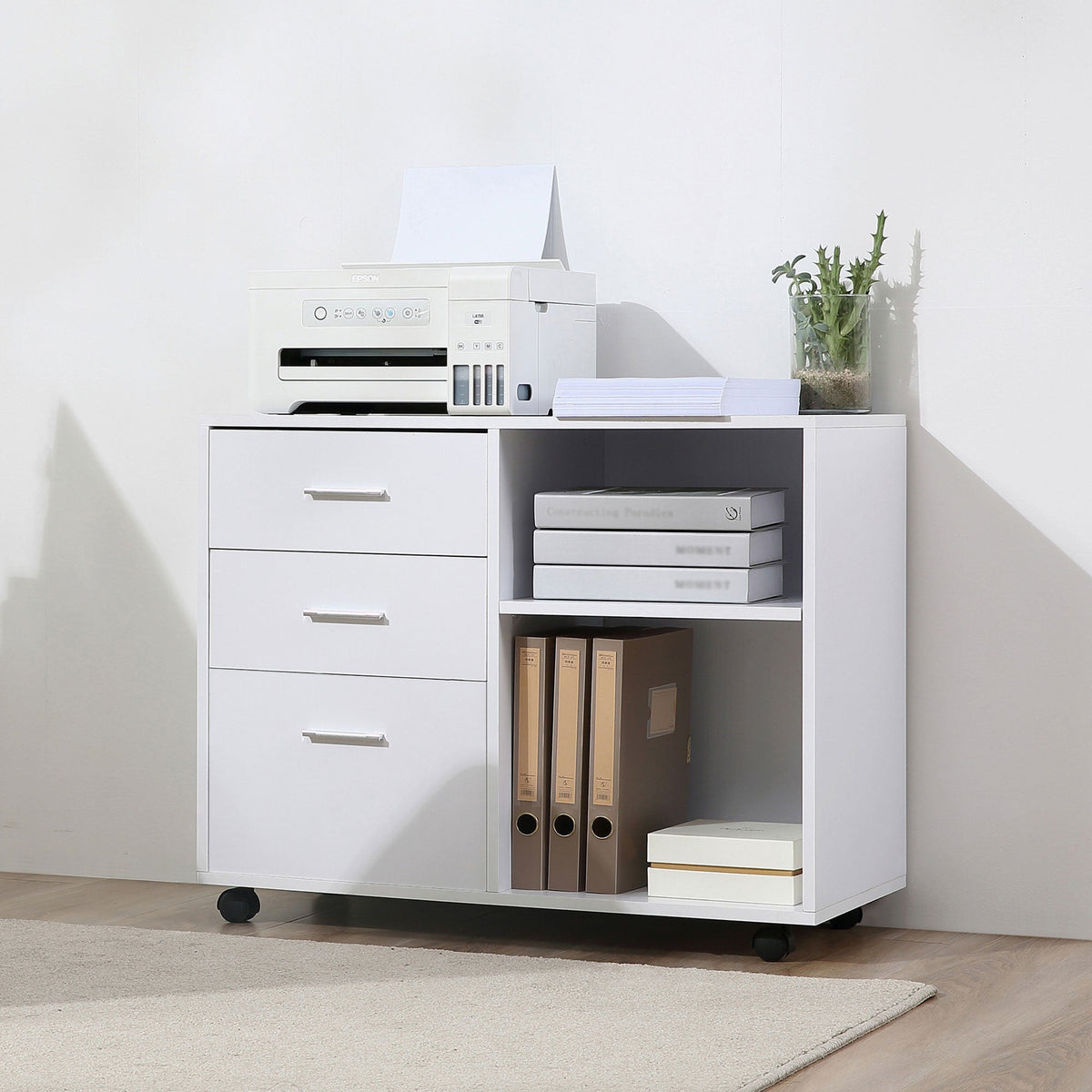 Modern Lateral Filing Cabinet, 3 Drawer File Cabinet for Letter and A4 Size Documents, Mobile, Printer Stand with Open Shelves, Rolling Wheels, Black