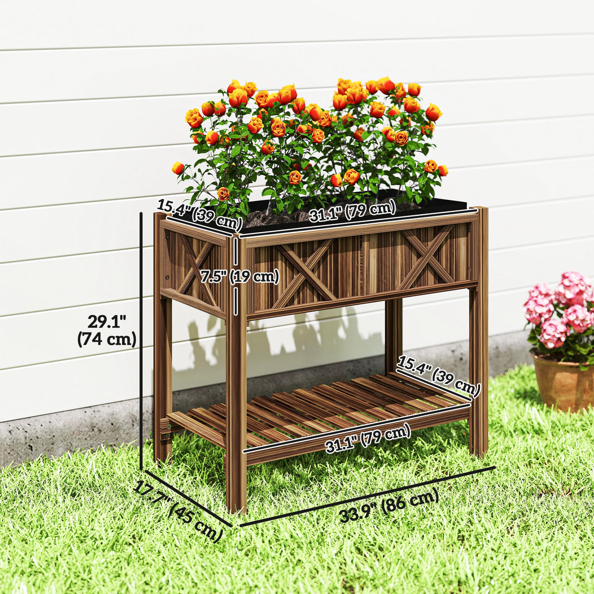 Wooden Raised Garden Bed, Elevated Planter Box with Storage Shelf, Drainage Holes and Liner, 34" x 18" x 30", Black