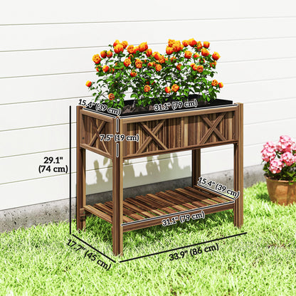 Wooden Raised Garden Bed, Elevated Planter Box with Storage Shelf, Drainage Holes and Liner, 34" x 18" x 30", Black