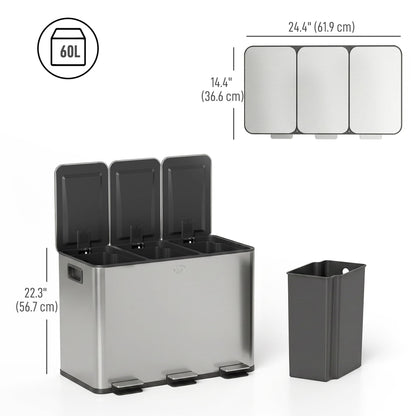 Garbage Bin, Soft-Close Trash Can with Foot Pedal, 3x5 Gallon (3x20 L) Garbage Can with Removable Inner Buckets, Black
