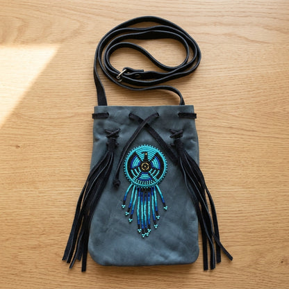 Beaded Suede Phone Pouch ~ Blue