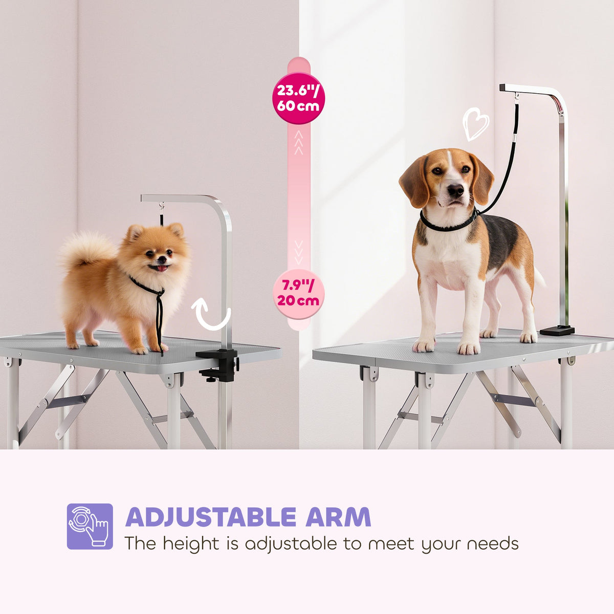 Foldable Pet Grooming Table for Dogs Cats with Adjustable Arm, Non-slip Surface, Black