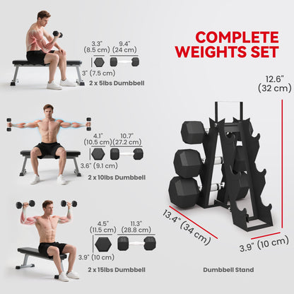 60 LBS Hex Dumbbell Set with Rack, Rubber Coated Weights with Non-Slip Handles for Home Gym Strength Training