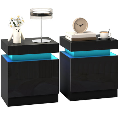 Nightstand Set of 2, End Side Tables with LED Lights, Bedside Tables with 2 Drawers, for Bedroom, Black