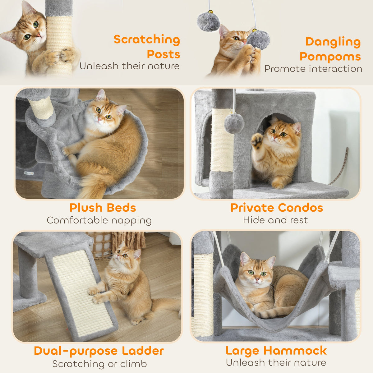 76" Large Cat Tree for Indoor Cats with 8 Scratching Posts, 3 Plush Beds, 2 Hammocks, 2 Large Condos, Ramp, Dark Grey