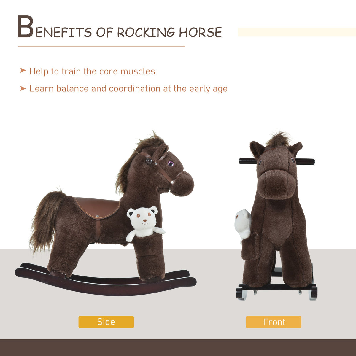 Kids Rocking Horse Plush Animal on Wooden Rockers with Sounds, Wooden Base and Bear Toy, Baby Rocking Chair, Brown