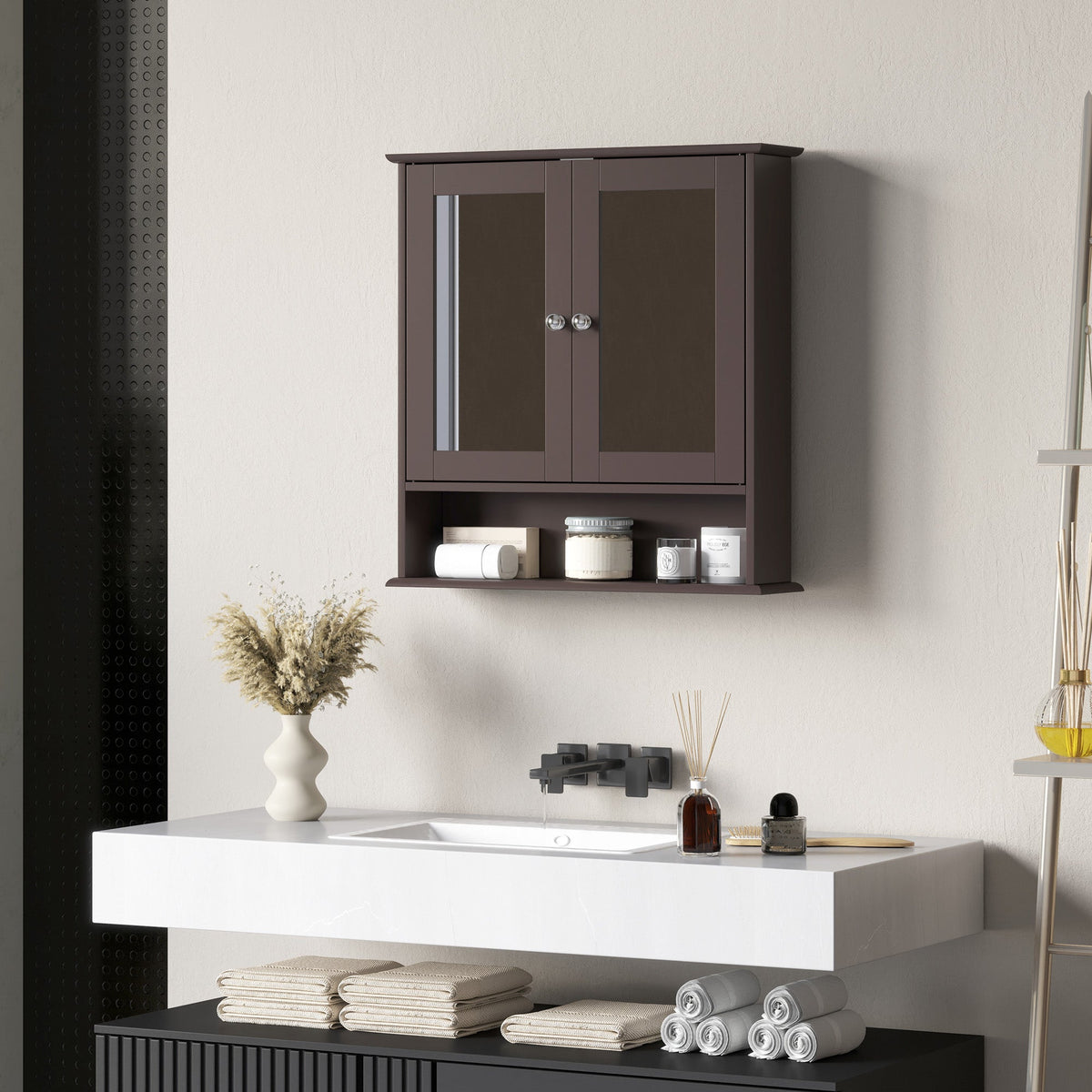 Medicine Cabinet, Wall-Mounted Bathroom Mirror Cabinet with Double Doors, Open Shelf, and Adjustable Shelf, Modern Bathroom Wall Cabinet, White