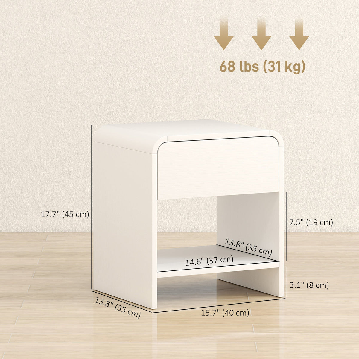 Nightstand Set of 2, Modern Bedside Table with Rounded Corners, Nightstand with Drawer and Open Shelf, Natural Wood