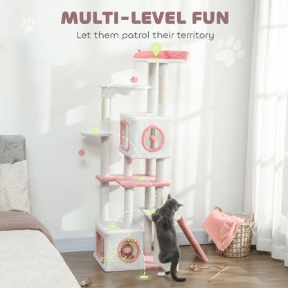 65 Inch Cat Tree with 2 Doors Condos, Plush Top Perch, Hammock, Sisal Scratching Posts, 4 Pompoms, Ramp, Grey