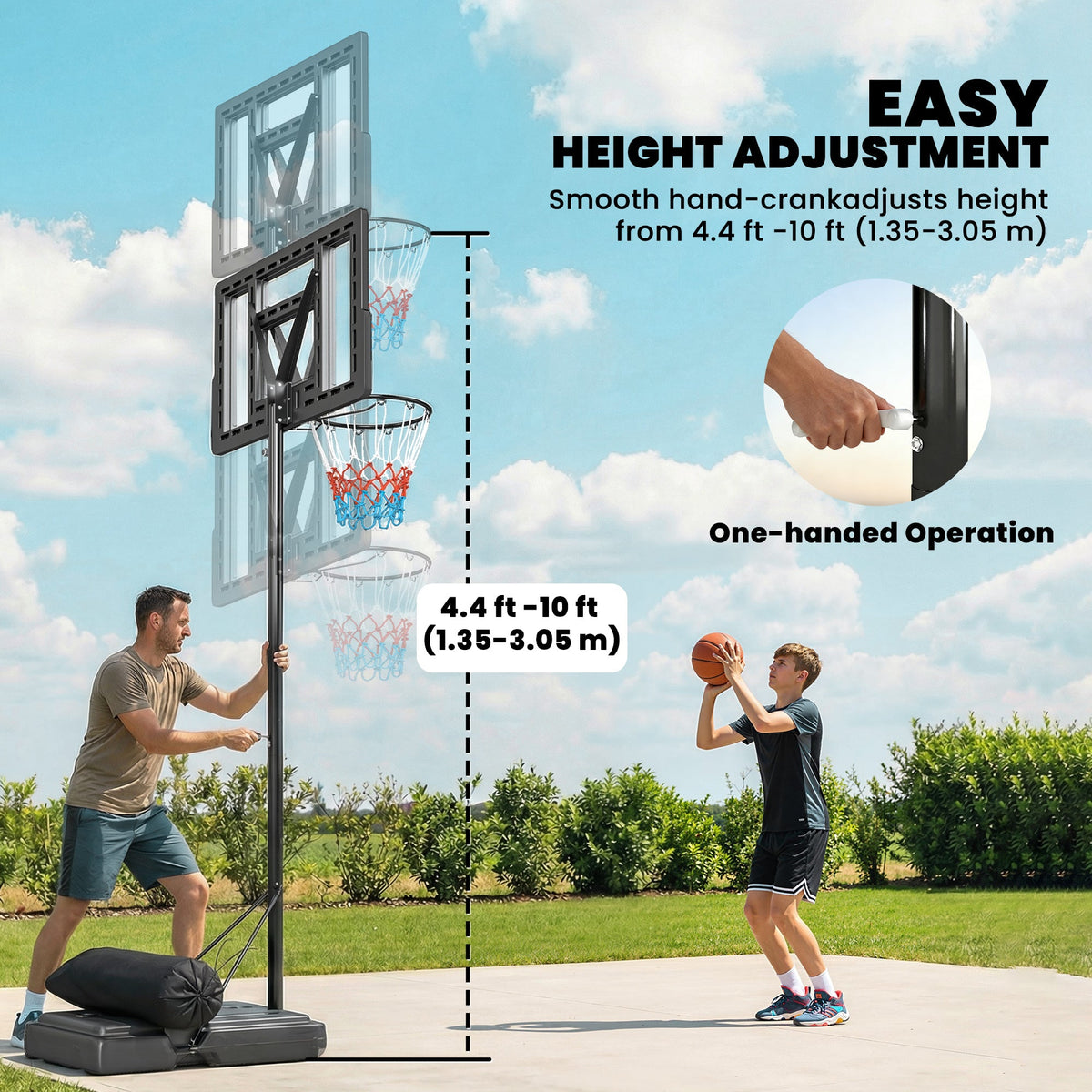 Basketball Hoop Stand Outdoor, 4.4–10 ft Single Hand Rotation Adjustable with Shatterproof Backboard & Weight Bag
