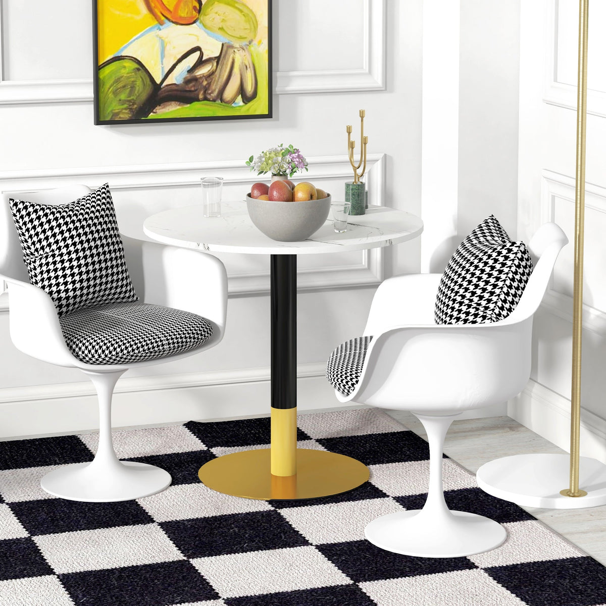 Rene Round Modern Dining Table with Faux Marble Top for Small Spaces-White