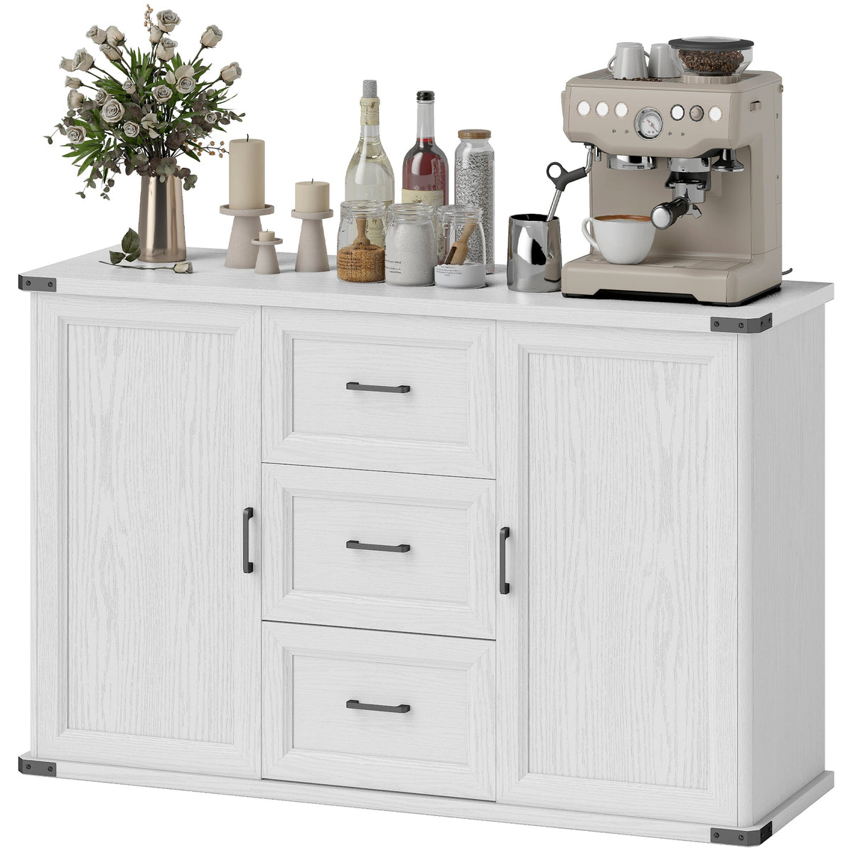 Sideboard with 3 Drawers and 2 Doors, 47" Buffet Cabinet with Adjustable Shelves for Kitchen, Black Wood Grain