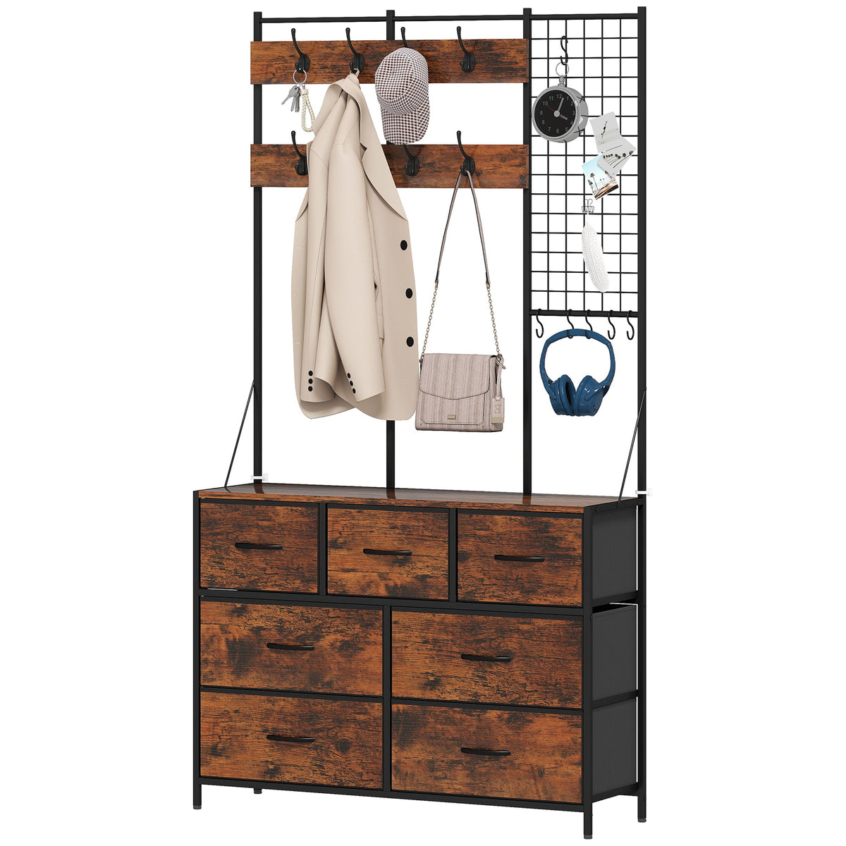 4-In-1 Coat Rack with 7 Drawer Fabric Dresser, Hall Tree with 14 Hooks for Hallway, Entryway, Bedroom, Rustic Brown