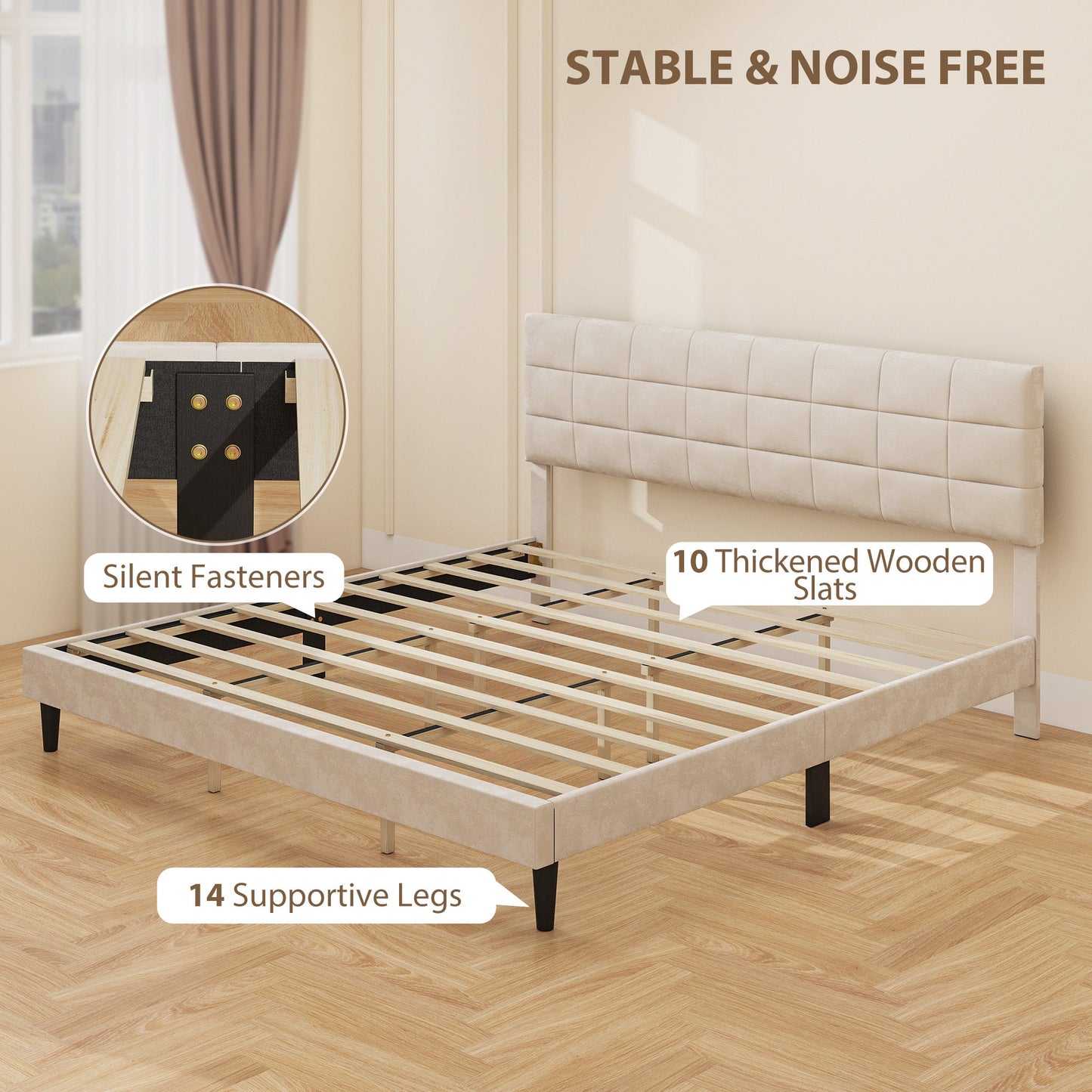 Harper King Size Bed Frame with Upholstered Headboard-Cream White