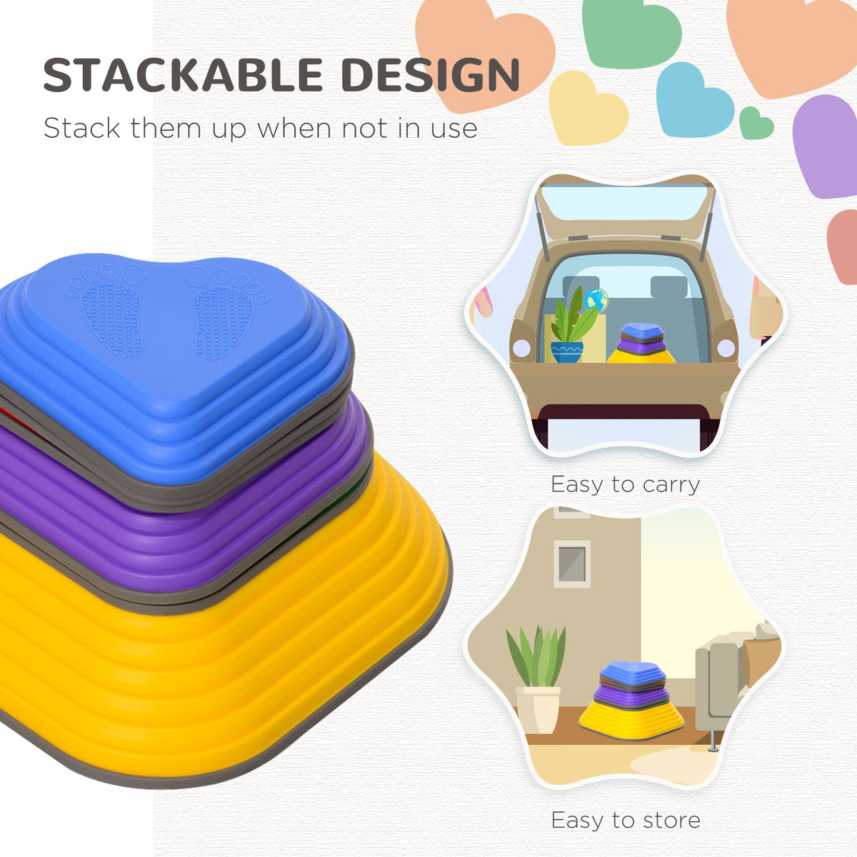 6PCs Non-Slip Stackable Kids Stepping Stones, Heart-Shaped
