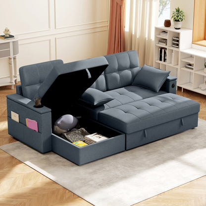 Convertible Sectional Sofa Bed, Pull Out Sleeper Sofa Couch with USB‑A+C, Chaise Storage, L-Shaped Futon Couch, Beige