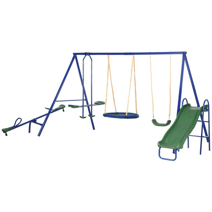 5 in1 Kids Swing Set with Saucer Swing, Slide, Seesaw, Glider, Swing Seat for Backyard, Playground