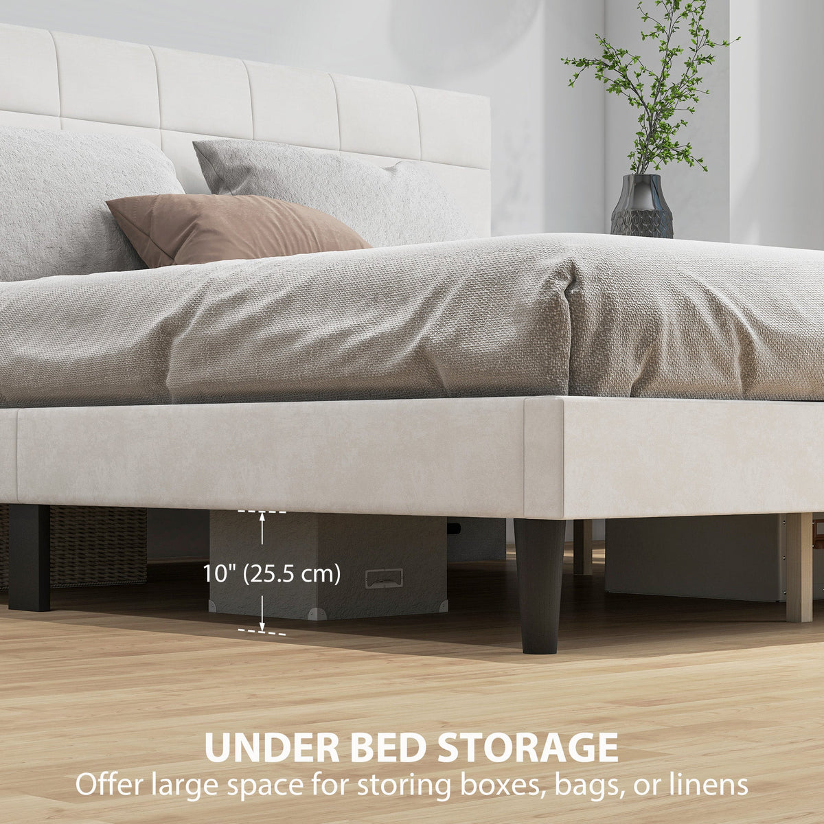 Harper King Size Bed Frame with Upholstered Headboard-Cream White
