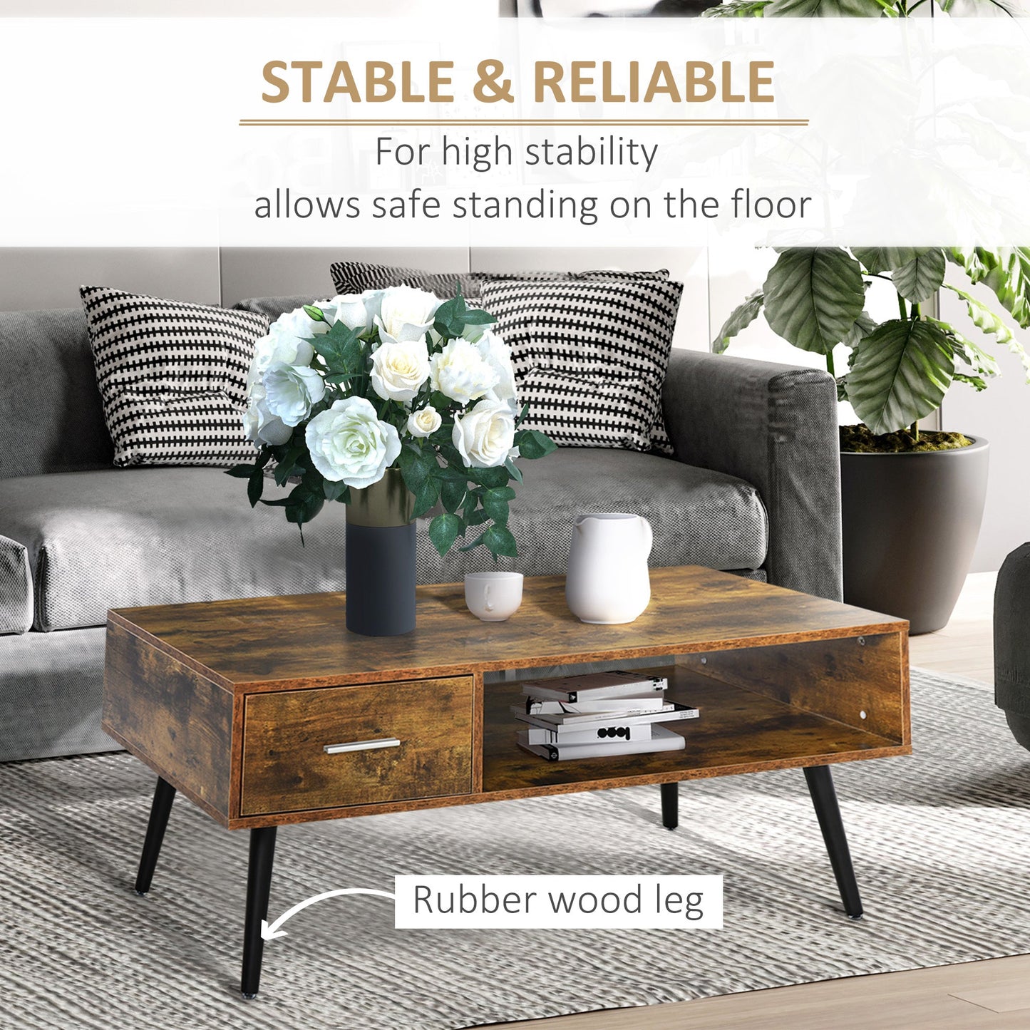 Omari Retro Coffee Table with Storage Shelf and Drawer-Rustic Brown