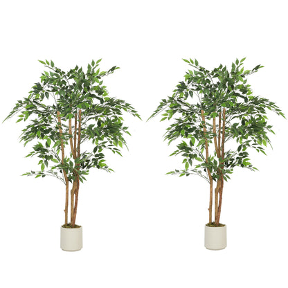 4FT Artificial Banyan Tree Set of 2, Fake Potted Tree with Solid Wood Trunk and Pot for Indoor