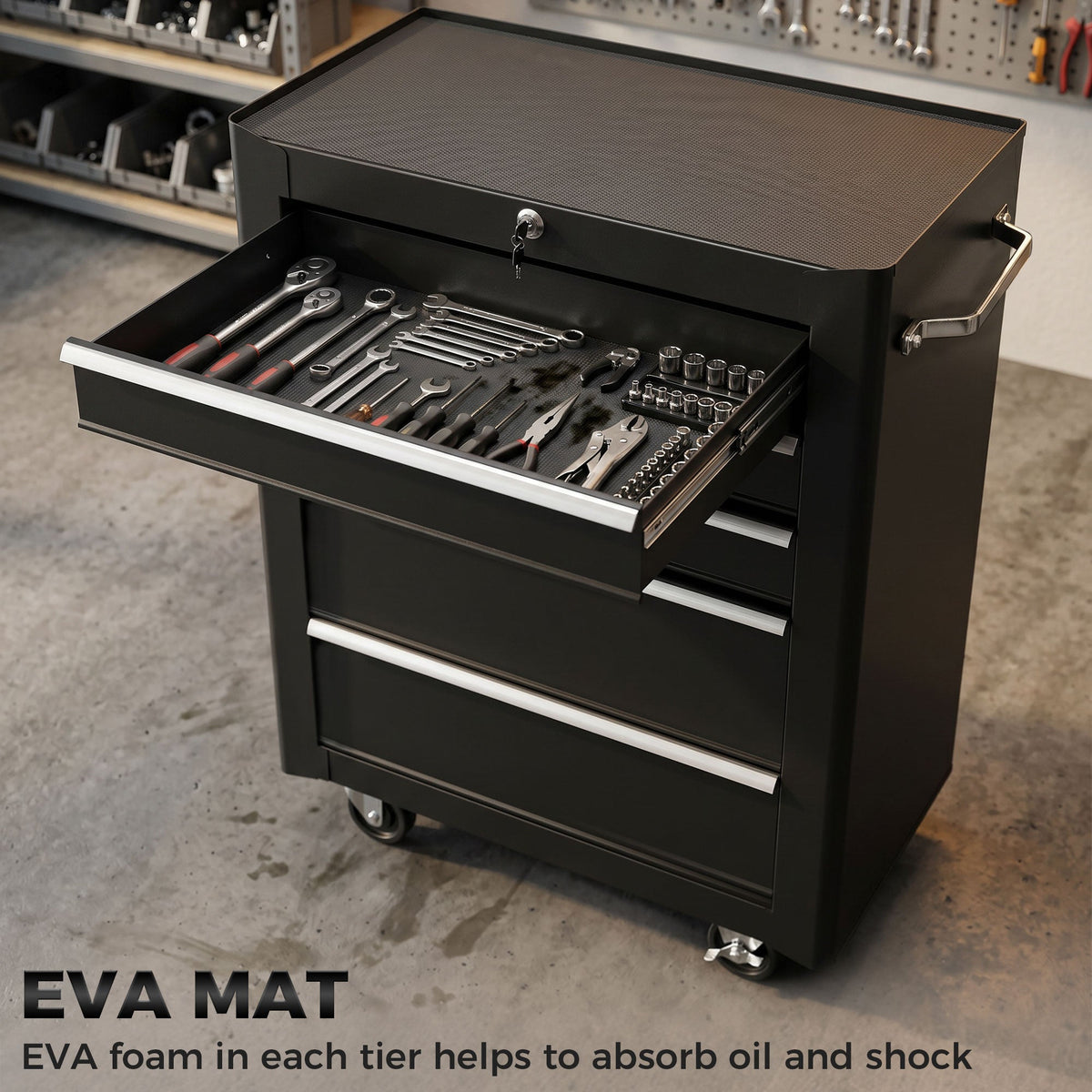 5-Drawer Rolling Tool Cabinet on Wheels, Lockable Tool Chest, Tool Organizer for Garage, Factory and Workshop, Black