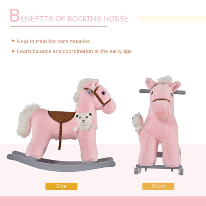 Kids Rocking Horse Plush Animal on Wooden Rockers with Sounds, Wooden Base and Bear Toy, Baby Rocking Chair, Brown