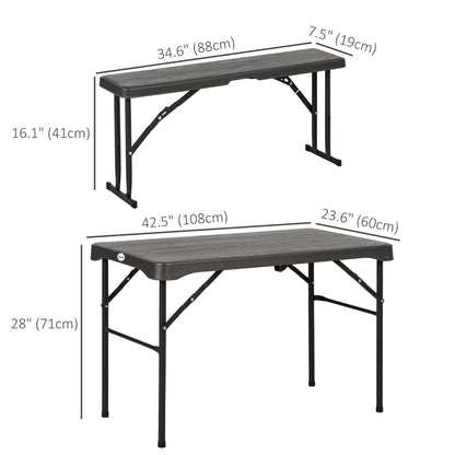 Folding Picnic Table with 2 Benches, 3-Piece Portable Outdoor Picnic Table Bench Set for 4, Patio Dining Table Set with Plastic Top, Steel Frame for Garden, Dark Grey