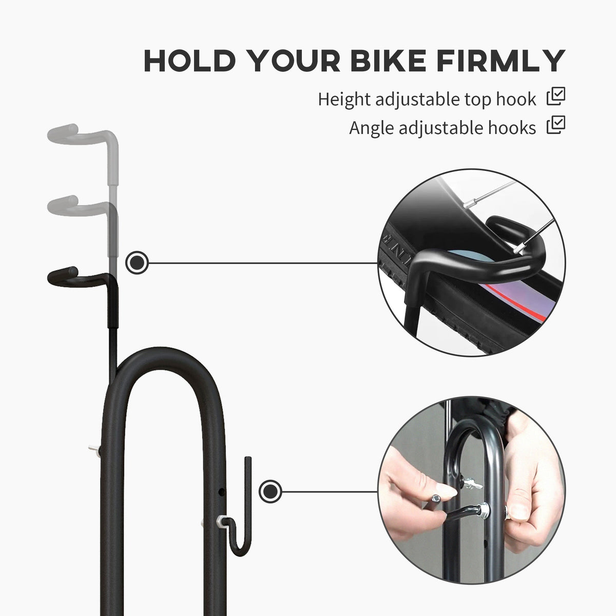 Vertical & Horizontal Bike Rack Bicycle Storage Stand with Adjustable Hooks, Fits 6"-28" and 700c Bikes