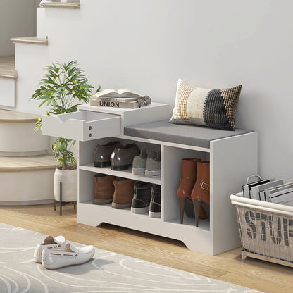 Upholstered Shoe Storage Bench, Hallway Shoe Storage with Seat, Drawer, 3 Open Shelves for Entryway, Grey