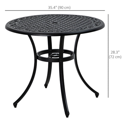 35.5" Round Outdoor Dining Table for 2-4, Cast Aluminum Garden Patio Table with 2" Umbrella Hole, Grid Top, Black