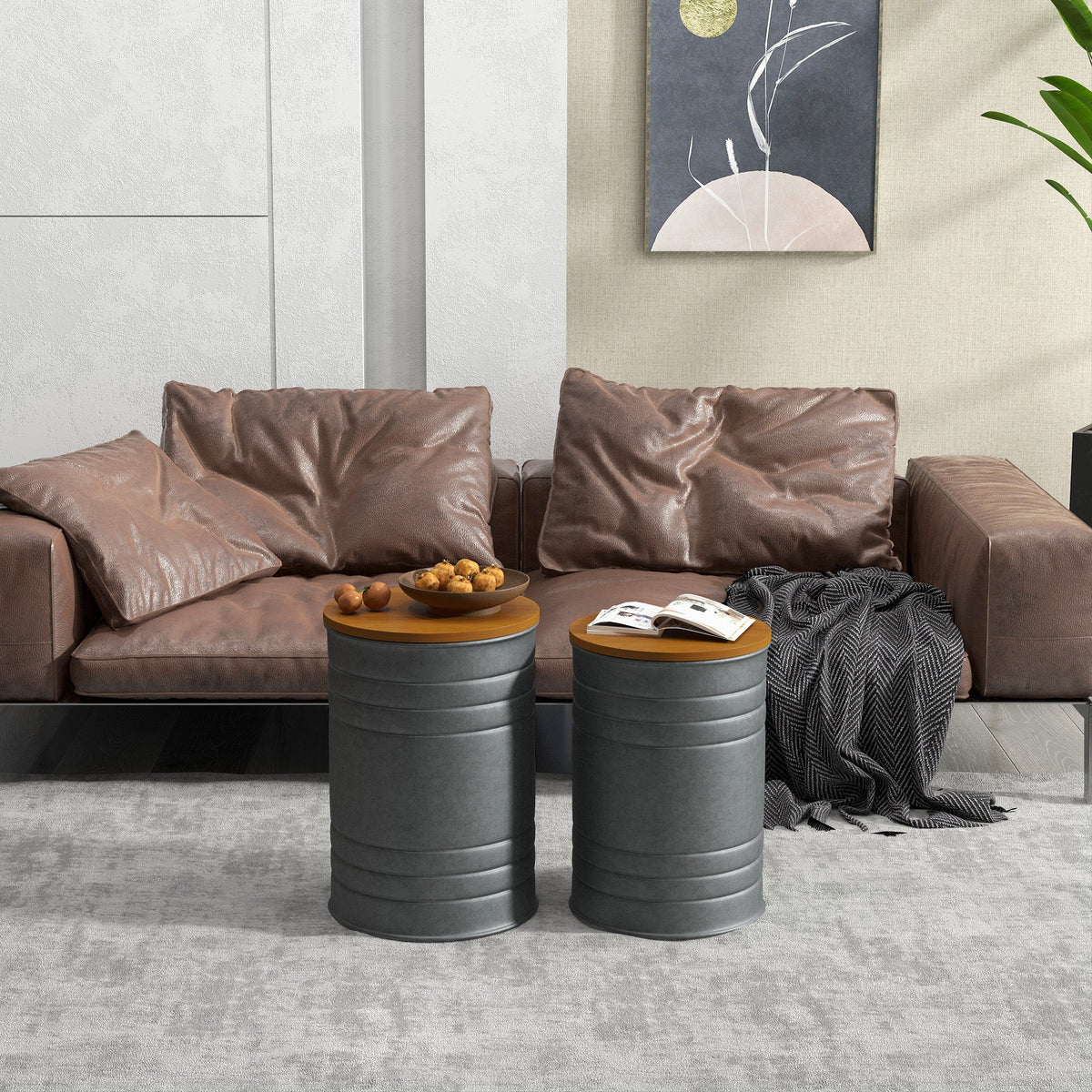 Round Side Table Set of 2, Nesting Coffee Tables w/ Wooden Lid, Metal Frame and Hidden Storage Space for Bedroom, Black