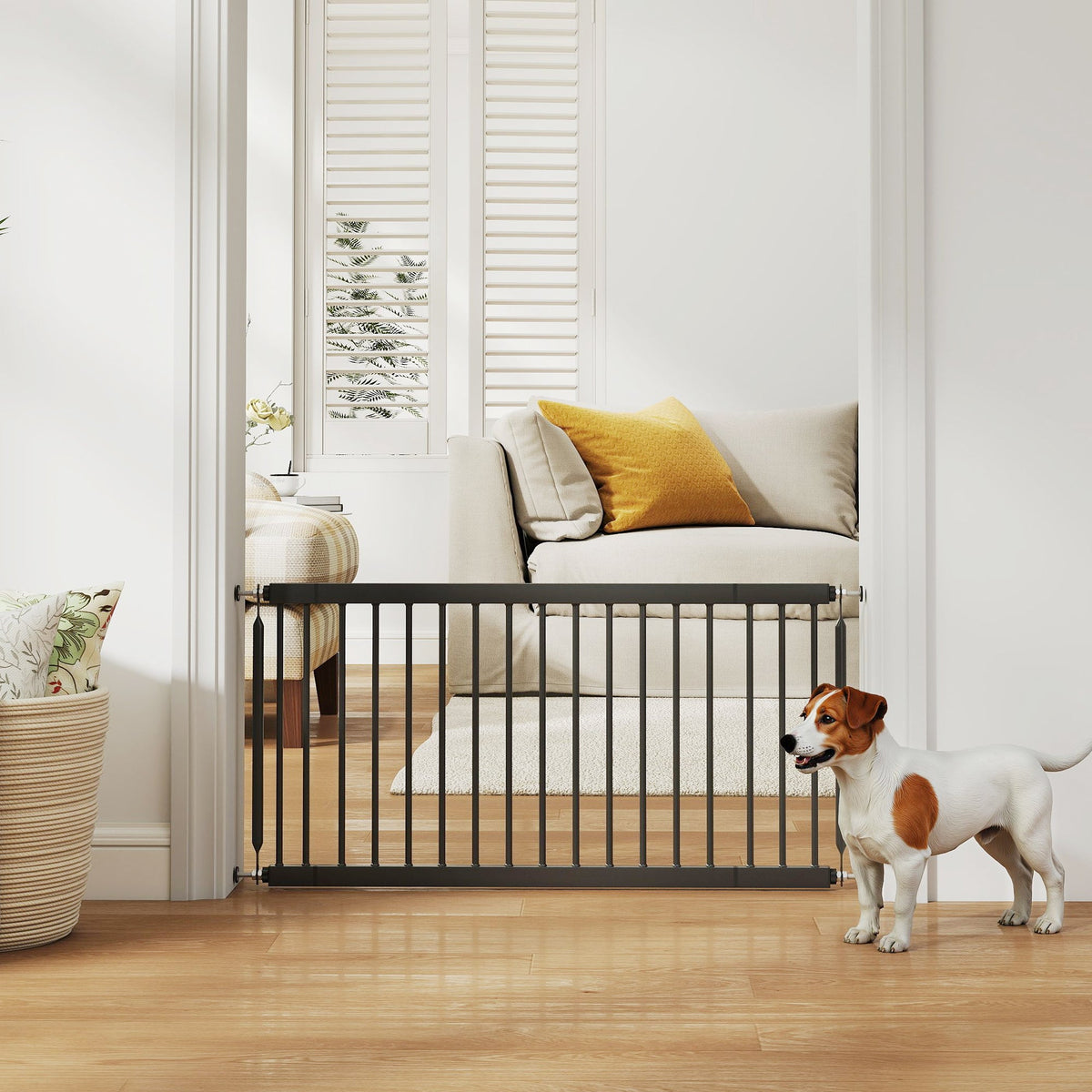 26"-37" Dog Gate, Adjustable Pet Gate, Fits 10" Tall with 2 Extension, Pressure Mount Kit for Stairs and Doorways, Black