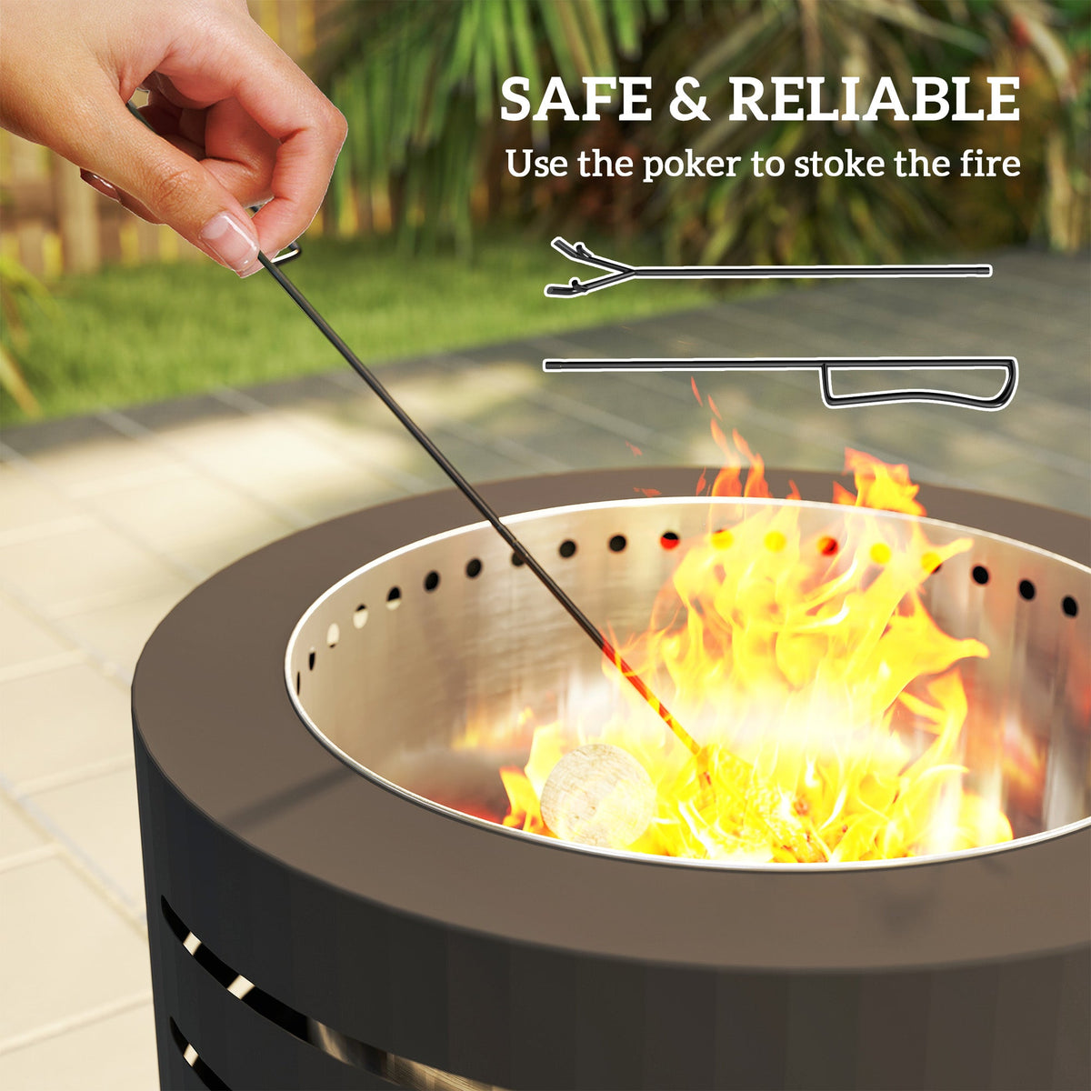 Round Fire Pit with Fire Poker, Portable Wood Burning Firepit with Ash Tray and Hairpin Legs, Outdoor Fireplace, Black