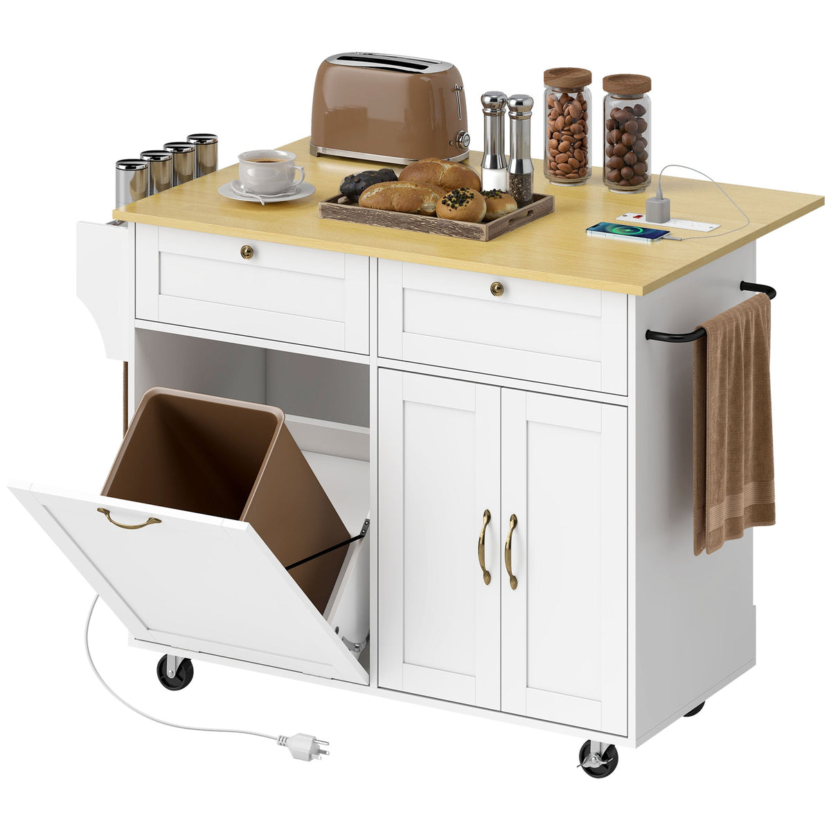 Kitchen Island Cart with Charging Station and Drop Leaf, Kitchen Island Table on Wheels with Trash Can Cabinet, Black