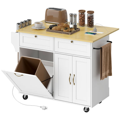 Kitchen Island Cart with Charging Station and Drop Leaf, Kitchen Island Table on Wheels with Trash Can Cabinet, Black