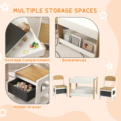 3 Piece Kids Table and Chair Set with Reversible Tabletop, Blackboard, Storage, Bookshelf, for Playroom, Nursery, Grey