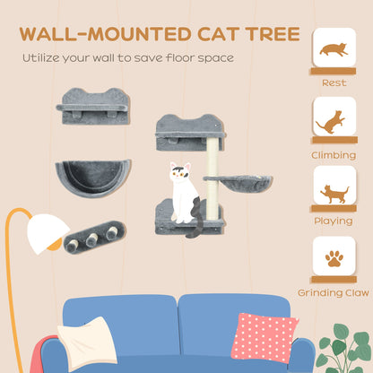 Cat Wall Shelves, 3PCs Cat Shelves with Hammock, Scratching Post, 3 Steps, Jumping Platforms, Wall Mounted Cat Climber, Grey