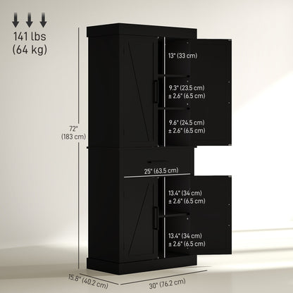 72" Kitchen Storage Cabinet, Farmhouse Kitchen Pantry Cabinet with 4 Barn Doors, Drawer, Adjustable Shelves, Black
