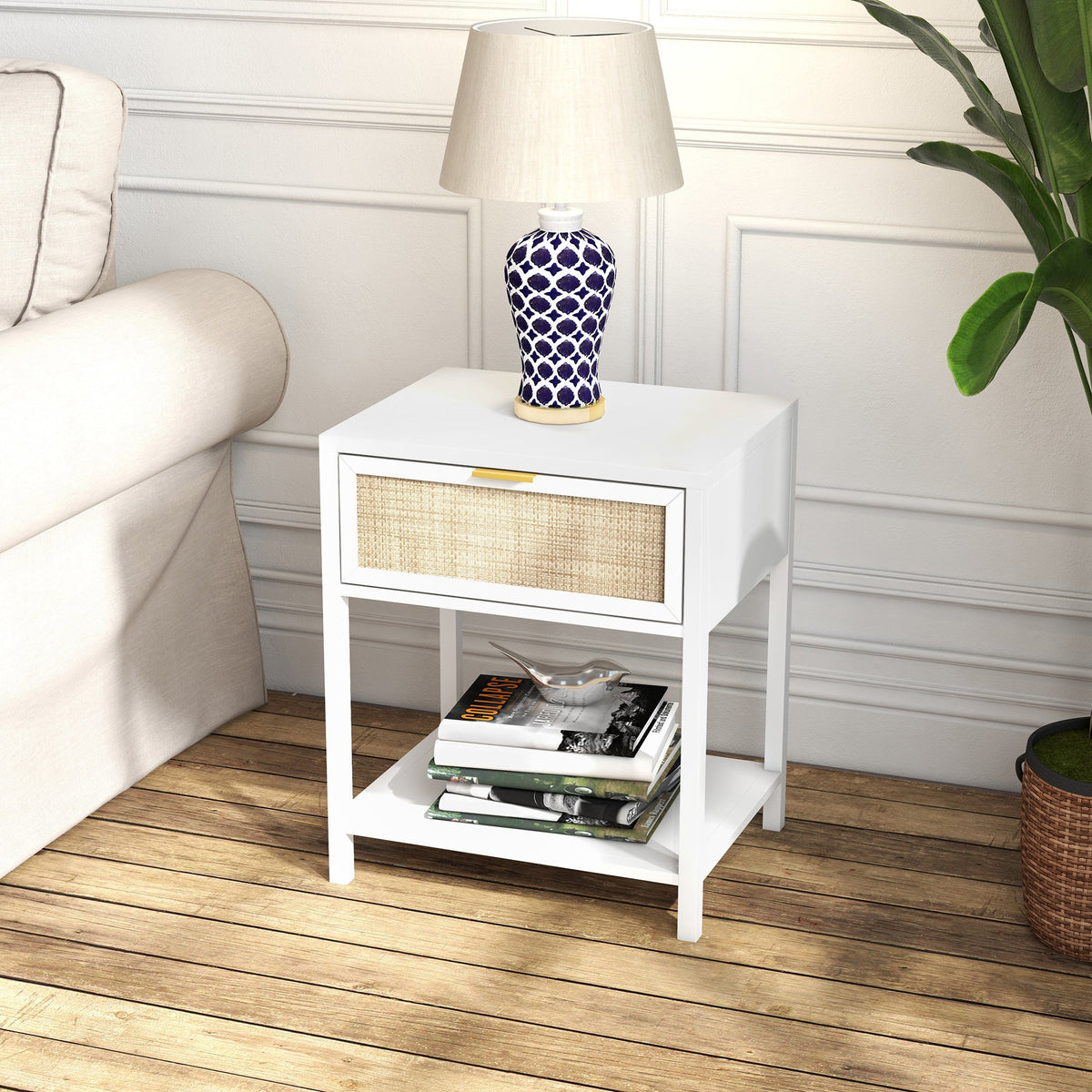 Boho Nightstand, Bedside Table with Rattan Drawer and Open Shelf, Side End Table for Bedroom, Living Room