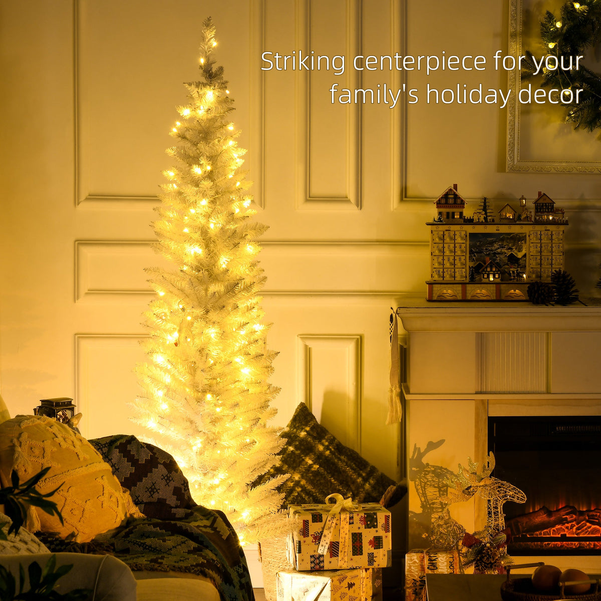 6' Pre Lit Artificial Pencil Christmas Trees, Xmas Tree with Realistic Branches and Warm White LED Lights, Green