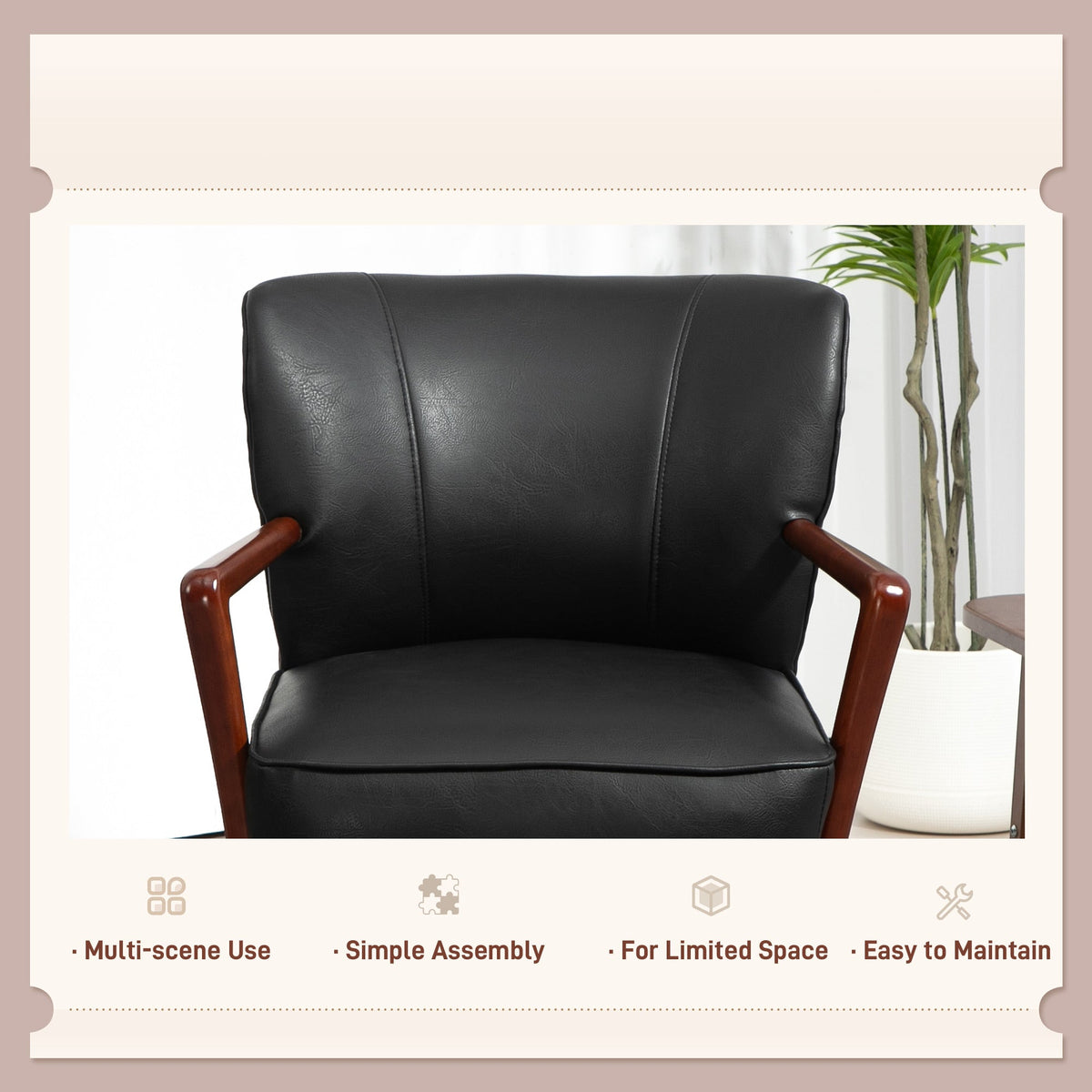 Accent Chair, Modern Armchair, Faux Leather Upholstered Living Room Chair with Wood Legs and Wide Padded Seat, Black