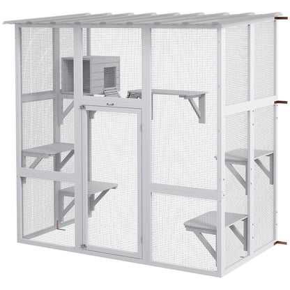Large Outdoor Catio with Weatherproof Roof, Bridge, Resting Box, Platforms, Grey